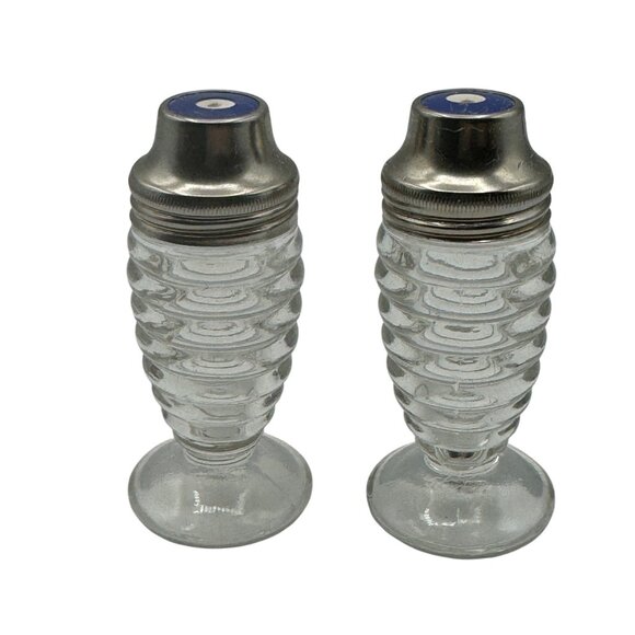 Vintage Hazel Atlas Ribbed Glass Salt & Pepper Shakers With Metal Lids - Picture 3 of 4